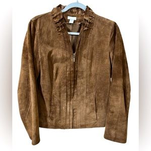 Chico’s Fitted, Ruffled Brown Leather Jacket.  Excellent Used Condition!